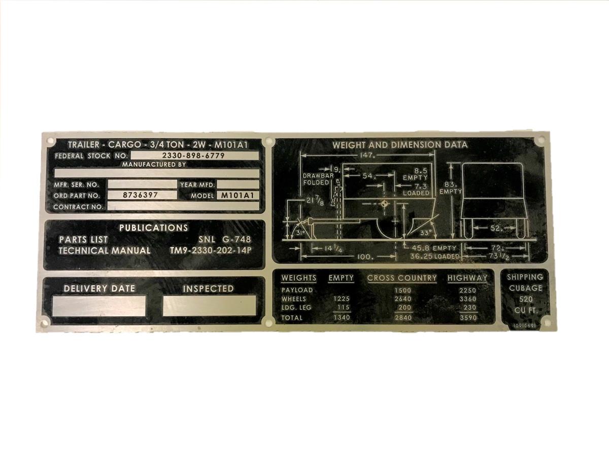 M101A1 Weight and Dimension Data Plate